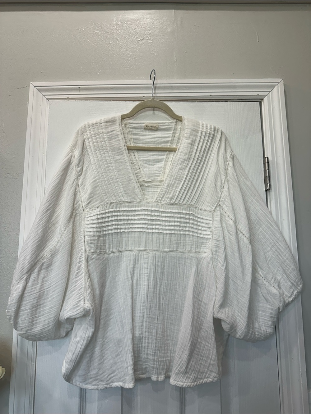 World Market White Pintuck V-Neck Balloon Sleeve Tunic